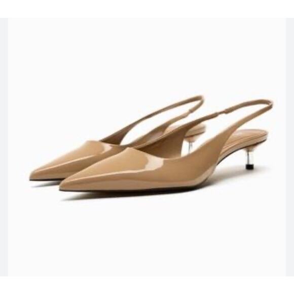 Zara Slingback Kitten Heels Patent Nude Pointed Toe Size 9 US - Picture 9 of 9
